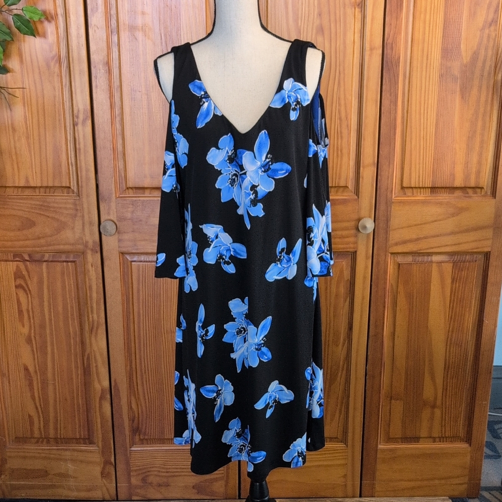 Connected Apparel Black and Blue Floral 3/4 Sleeve Cold Shoulder Dress XL  CC142